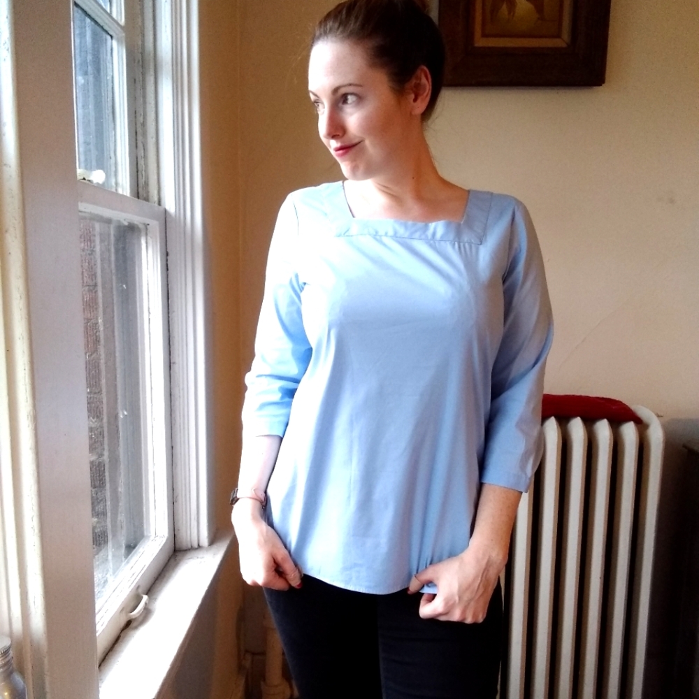 Talbots | Light Blue Square Neck 3/4 Sleeve Stretch Cotton Blouse Size M NWT